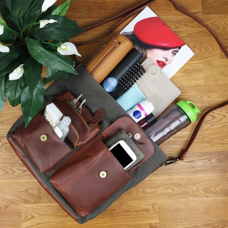 Leconi Schultertasche Umhängetasche Ledertasche Canvas Leder grau LE0039 Kostenloser Versand international