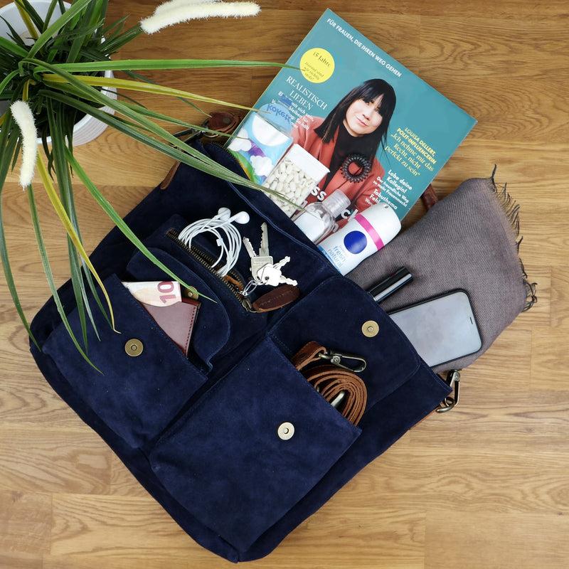 Leconi Schultertasche Umhängetasche Ledertasche Veloursleder navy LE0039 Im Verkauf
