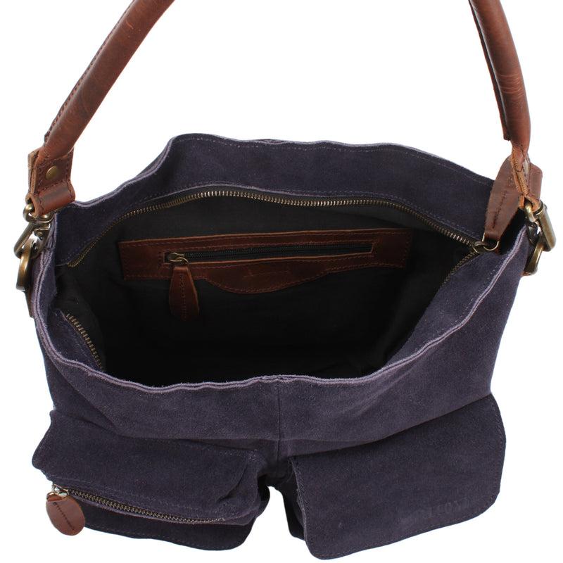 Leconi Schultertasche Umhängetasche Ledertasche Veloursleder navy LE0039 Im Verkauf