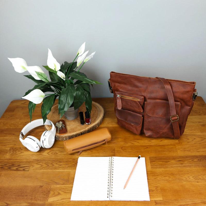 Leconi Schultertasche Umhängetasche Ledertasche Leder braun LE0039 zollfrei