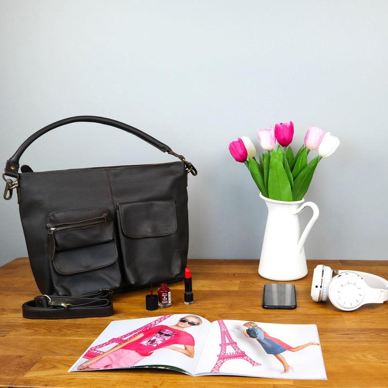 Leconi Schultertasche Umhängetasche Ledertasche Leder dunkelbraun LE0039 50% Rabatt für begrenzte Zeit