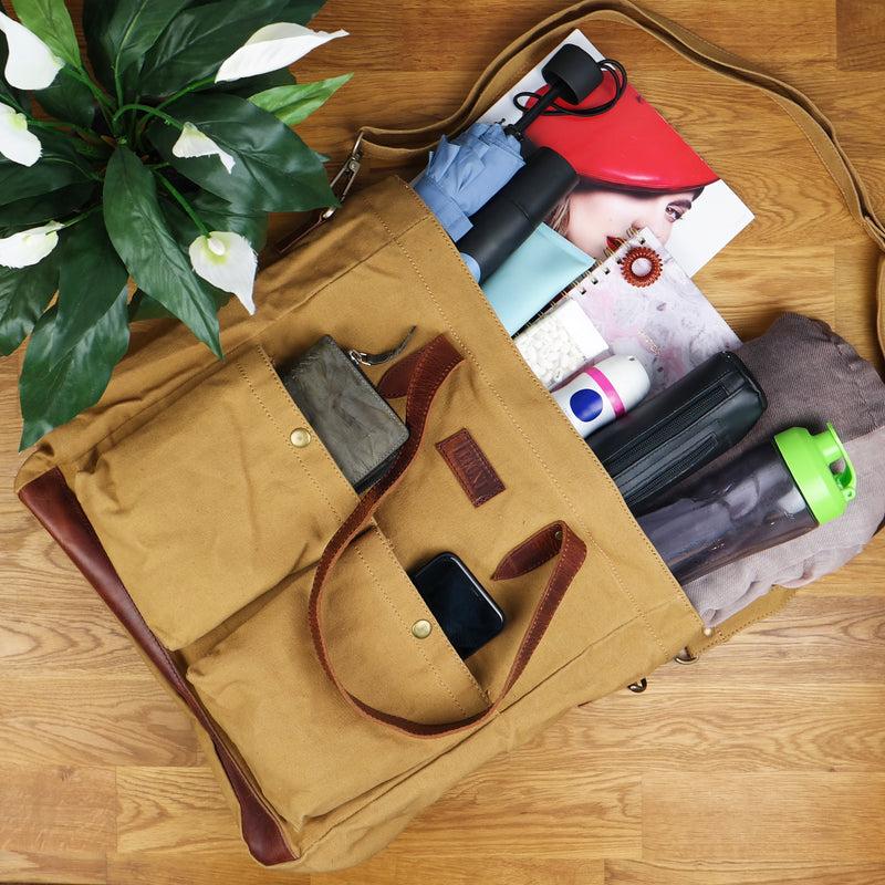 Leconi Shopper Beuteltasche Damentasche Canvas Leder cognac LE0040 Outlet