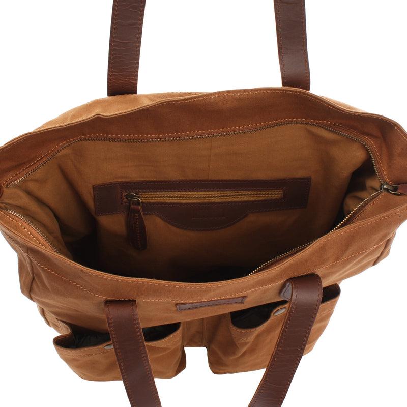 Leconi Shopper Beuteltasche Damentasche Canvas Leder cognac LE0040 Outlet