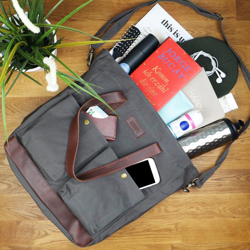 Leconi Shopper Beuteltasche Damentasche Canvas Leder grau LE0040 Auslauf