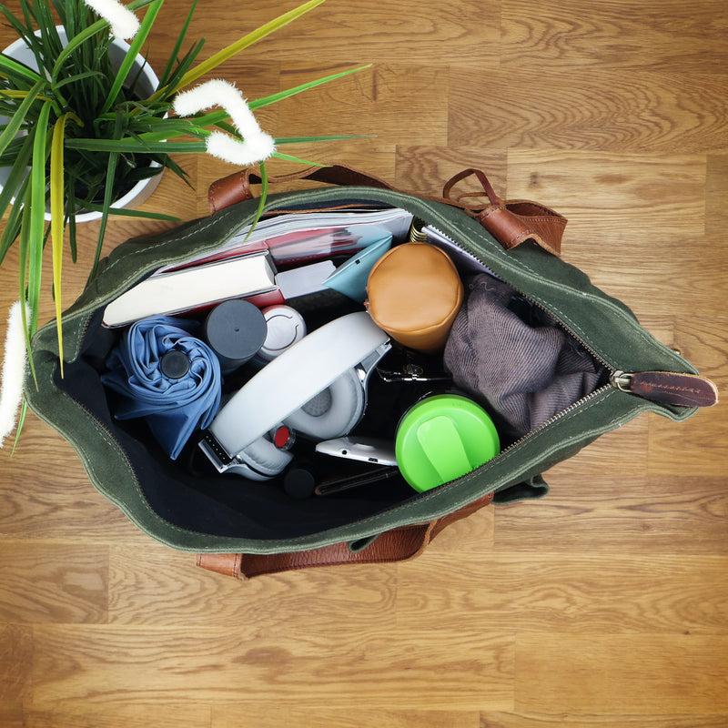 Leconi Shopper Beuteltasche Damentasche Canvas Leder grün LE0040 Verkauf