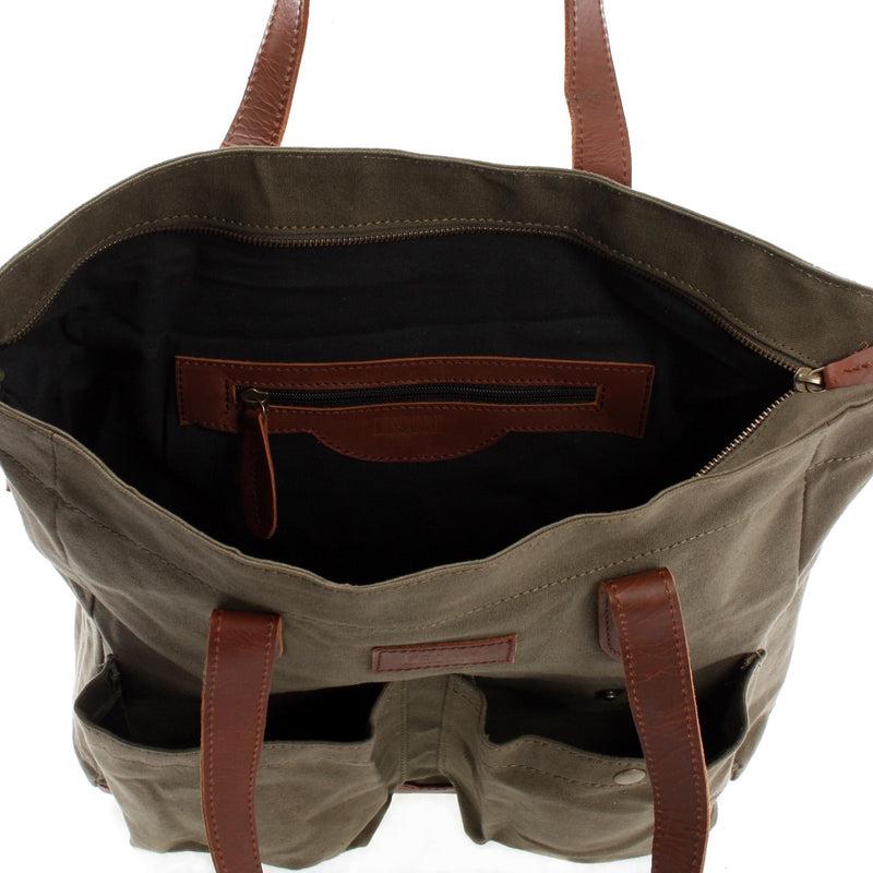 Leconi Shopper Beuteltasche Damentasche Canvas Leder grün LE0040 Verkauf