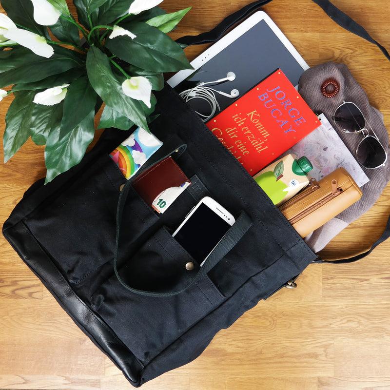 Leconi Shopper Beuteltasche Damentasche Canvas Leder schwarz LE0040 Angebote