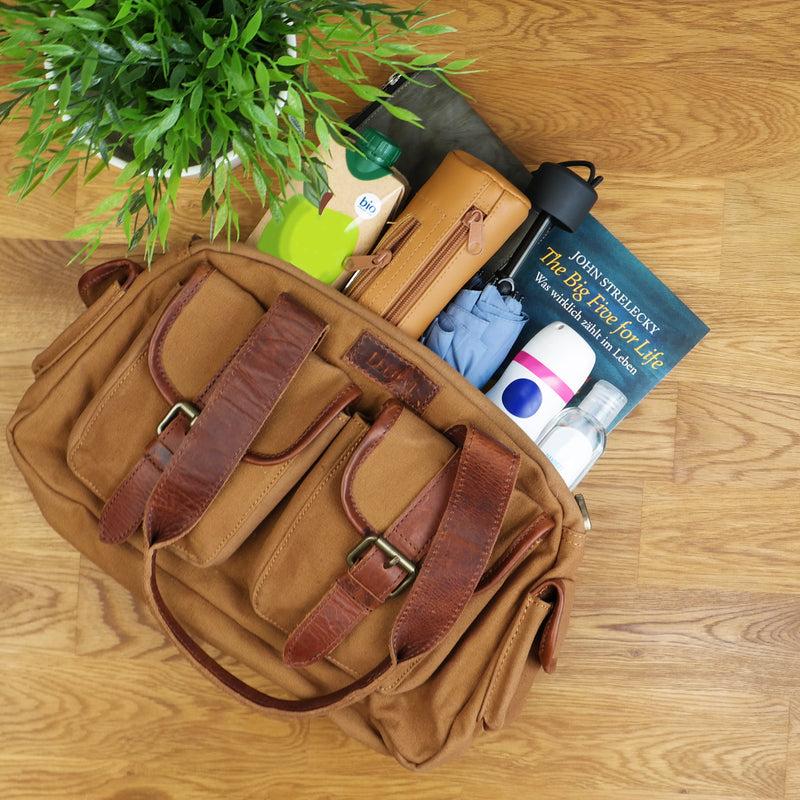 Leconi Henkeltasche Schultertasche Canvas Leder cognac LE0042 Hotsell