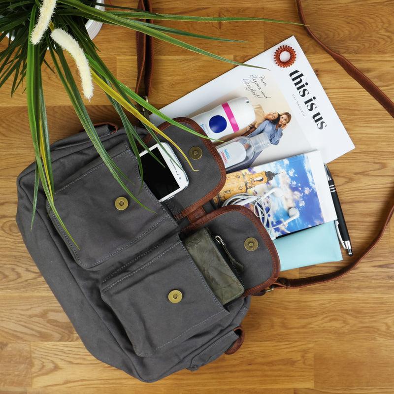 Leconi Schultertasche Damentasche Canvas Leder grau LE0042 im Angebot