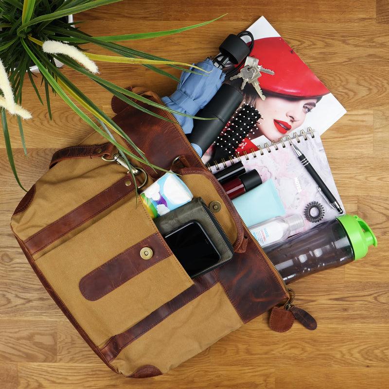 Leconi Henkeltasche Damentasche Canvas Leder cognac LE0043 Schlussverkauf