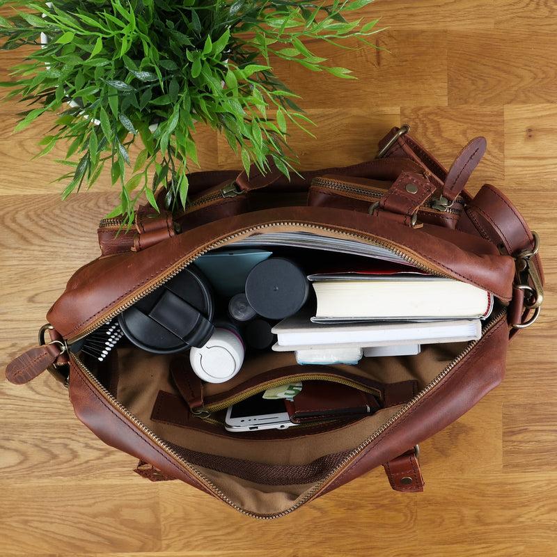 Leconi Schultertasche Handtasche Henkeltasche Damen Leder braun LE0046 Fabrikverkauf