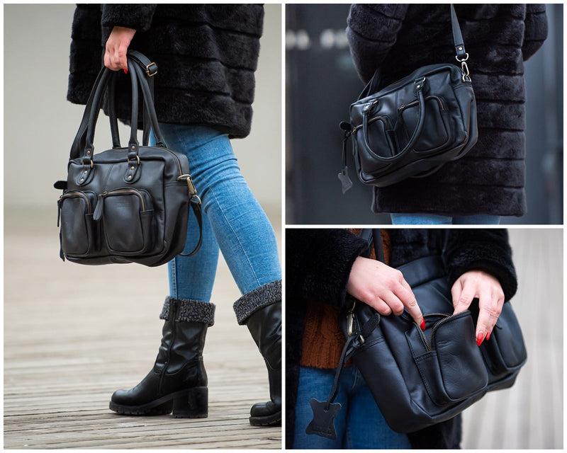 Leconi Schultertasche Handtasche Henkeltasche Damen Leder schwarz LE0046 Kostenloser Versand