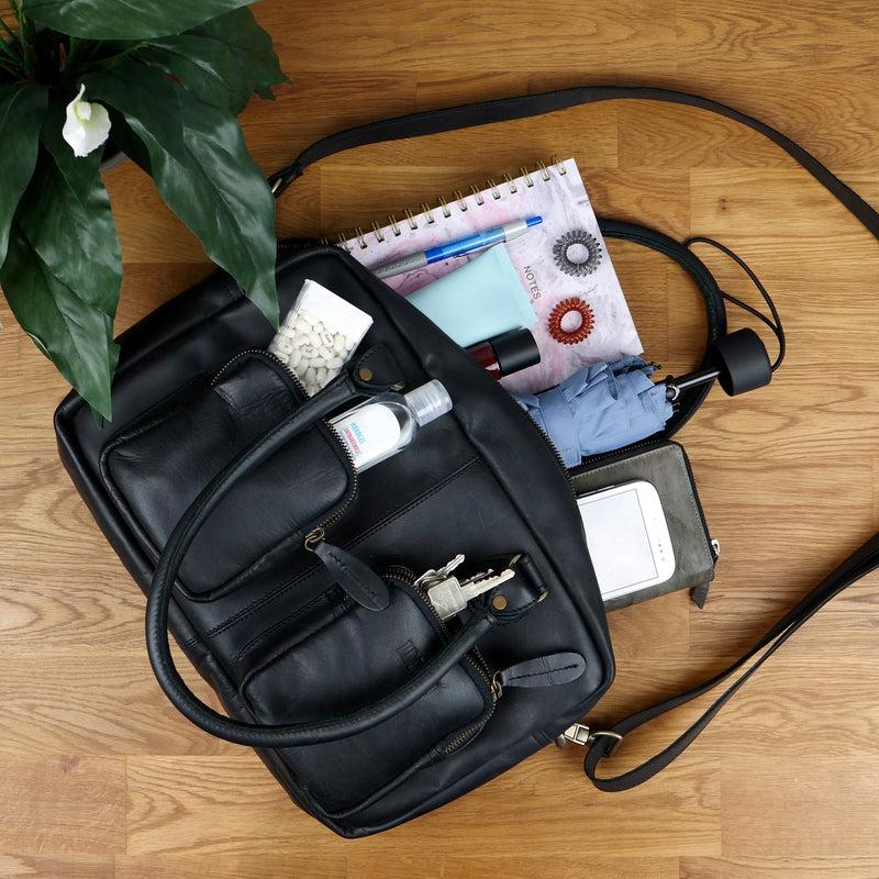 Leconi Schultertasche Handtasche Henkeltasche Damen Leder schwarz LE0046 Kostenloser Versand