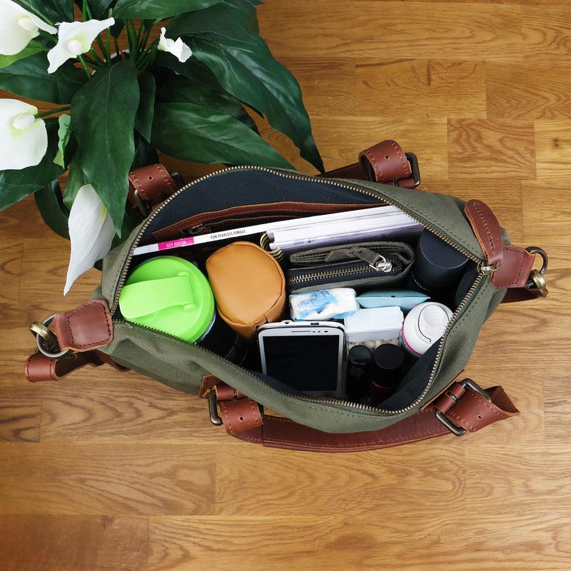 Leconi Schultertasche Henkeltasche Handtasche Leder Canvas grün LE0049 Fabrik Onlineshop