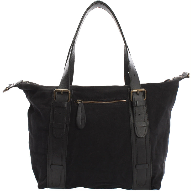 Leconi Schultertasche Henkeltasche Handtasche Leder Canvas schwarz LE0049 Fabrikpreis