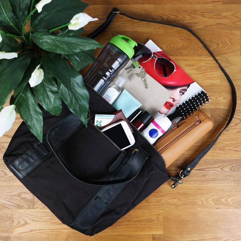 Leconi Schultertasche Henkeltasche Handtasche Leder Canvas schwarz LE0049 Fabrikpreis