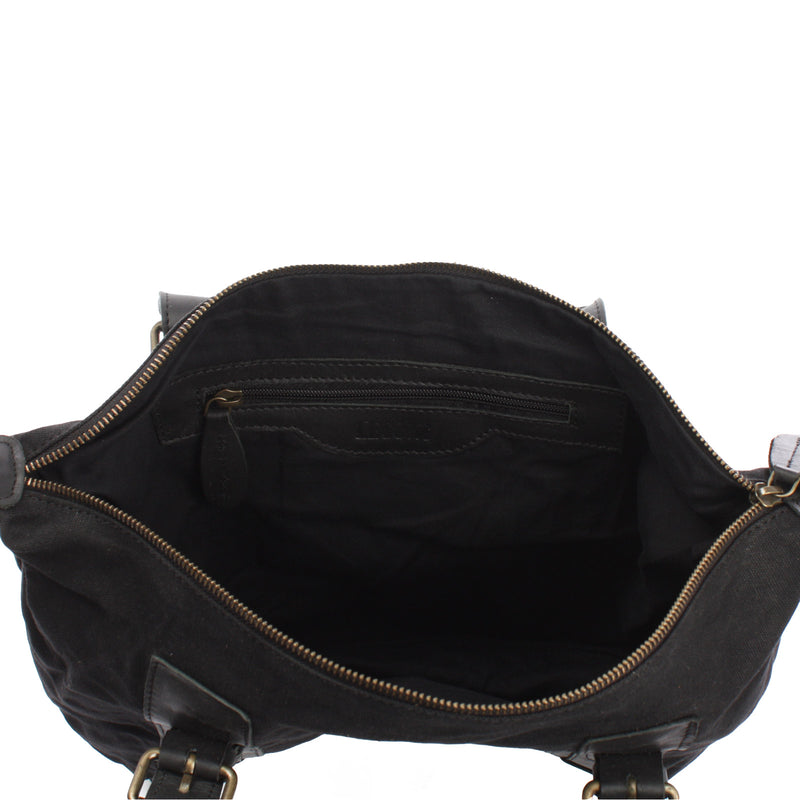 Leconi Schultertasche Henkeltasche Handtasche Leder Canvas schwarz LE0049 Fabrikpreis