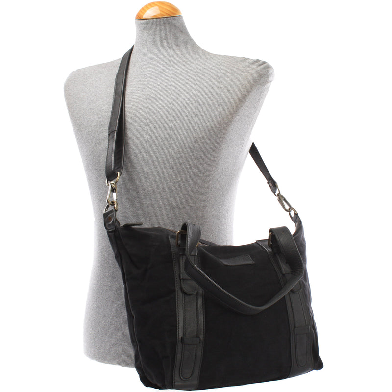 Leconi Schultertasche Henkeltasche Handtasche Leder Canvas schwarz LE0049 Fabrikpreis