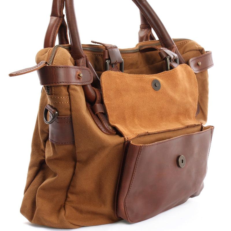Leconi Schultertasche Henkeltasche Damentasche Handtasche Leder Canvas cognac LE0050 Sonderangebot