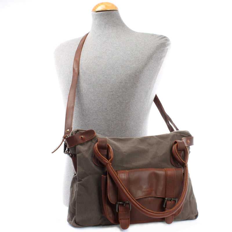 Leconi Schultertasche Henkeltasche Damentasche Handtasche Leder Canvas grau LE0050 Rabatt
