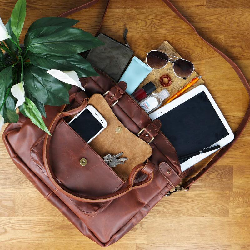 Leconi Schultertasche Henkeltasche Damentasche Handtasche Leder braun LE0050 Günstig kaufen