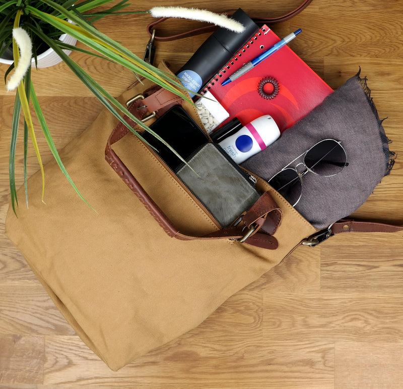 Leconi Schultertasche Umhängetasche Henkeltasche Shopper Damentasche Canvas Leder cognac LE0054 Online Shopping