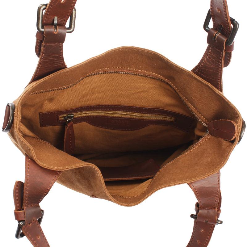 Leconi Schultertasche Umhängetasche Henkeltasche Shopper Damentasche Canvas Leder cognac LE0054 Online Shopping