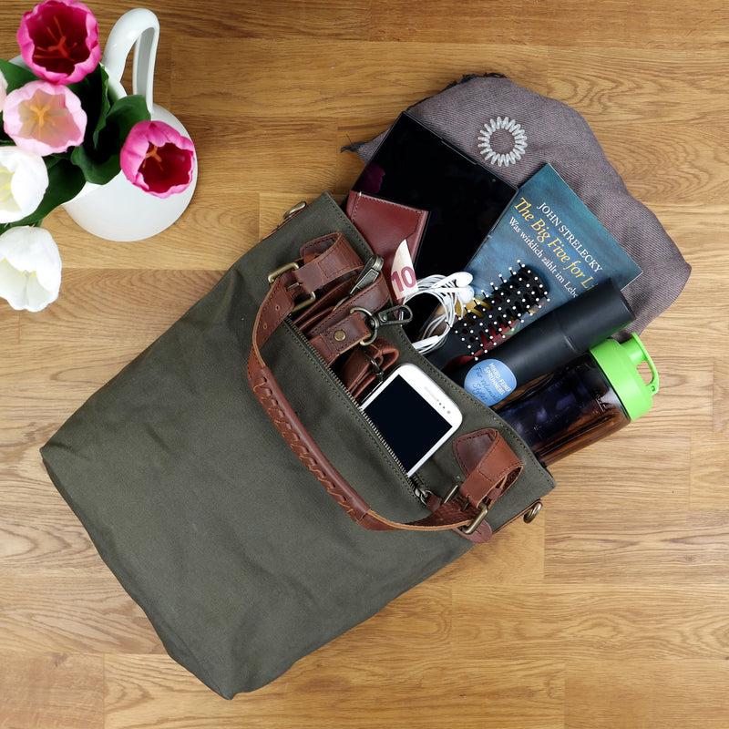 Leconi Schultertasche Umhängetasche Henkeltasche Shopper Damentasche Canvas Leder grün LE0054 Preisnachlass