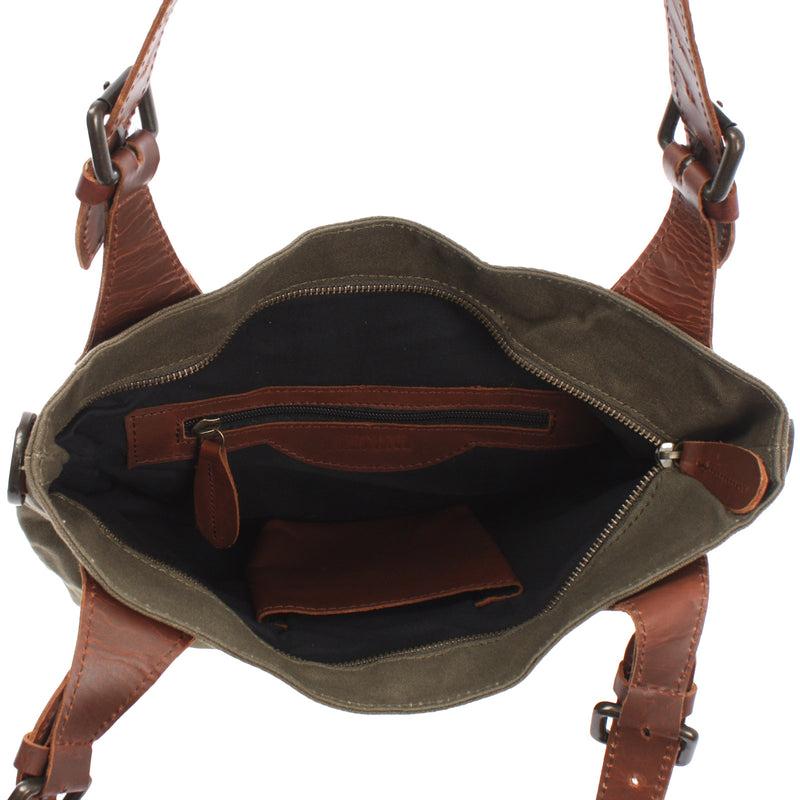 Leconi Schultertasche Umhängetasche Henkeltasche Shopper Damentasche Canvas Leder grün LE0054 Preisnachlass