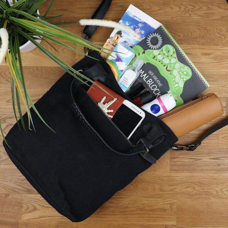 Leconi Schultertasche Umhängetasche Henkeltasche Shopper Damentasche Canvas Leder schwarz LE0054 Saisonschlussverkauf