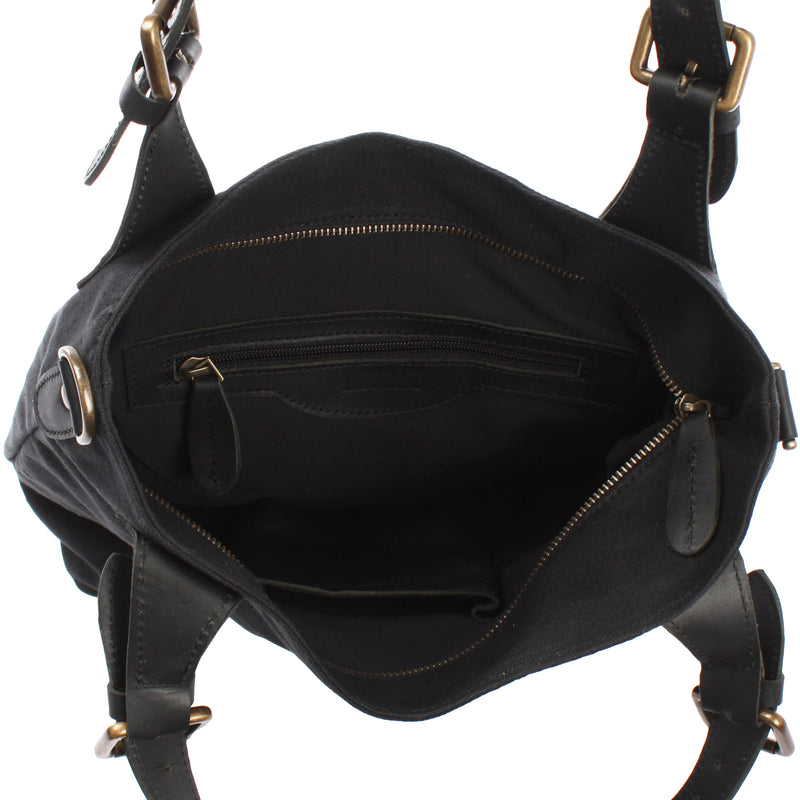 Leconi Schultertasche Umhängetasche Henkeltasche Shopper Damentasche Canvas Leder schwarz LE0054 Saisonschlussverkauf