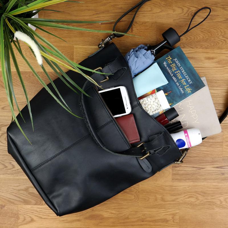 Leconi Umhängetasche Schultertasche Henkeltasche Damentasche Leder schwarz LE0054 Weihnachtsangebot