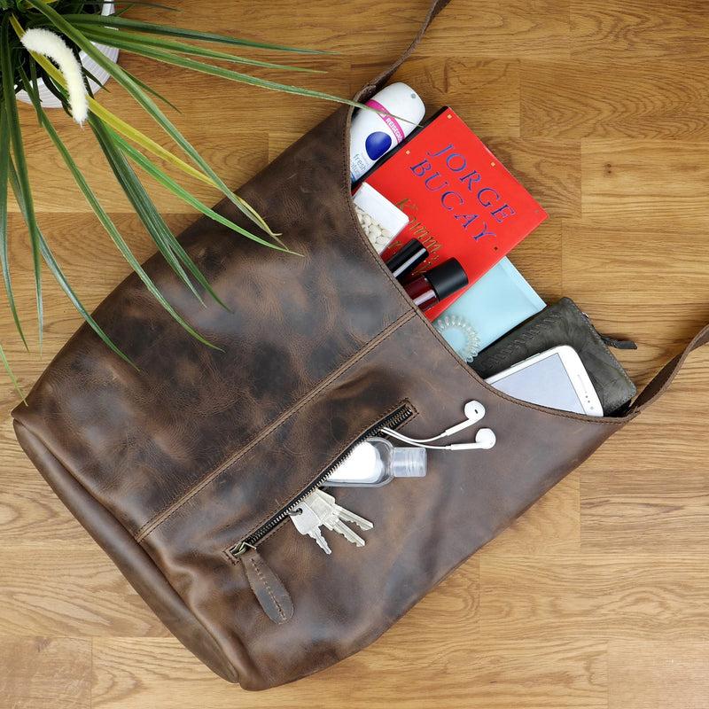 Leconi große Umhängetasche Schultertasche Beuteltasche Damentasche Leder schlamm LE0055 Osterangebot