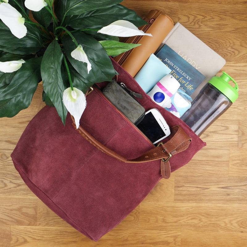 Leconi Henkeltasche Damentasche Veloursleder Leder bordeaux LE0033 Vatertagsangebot