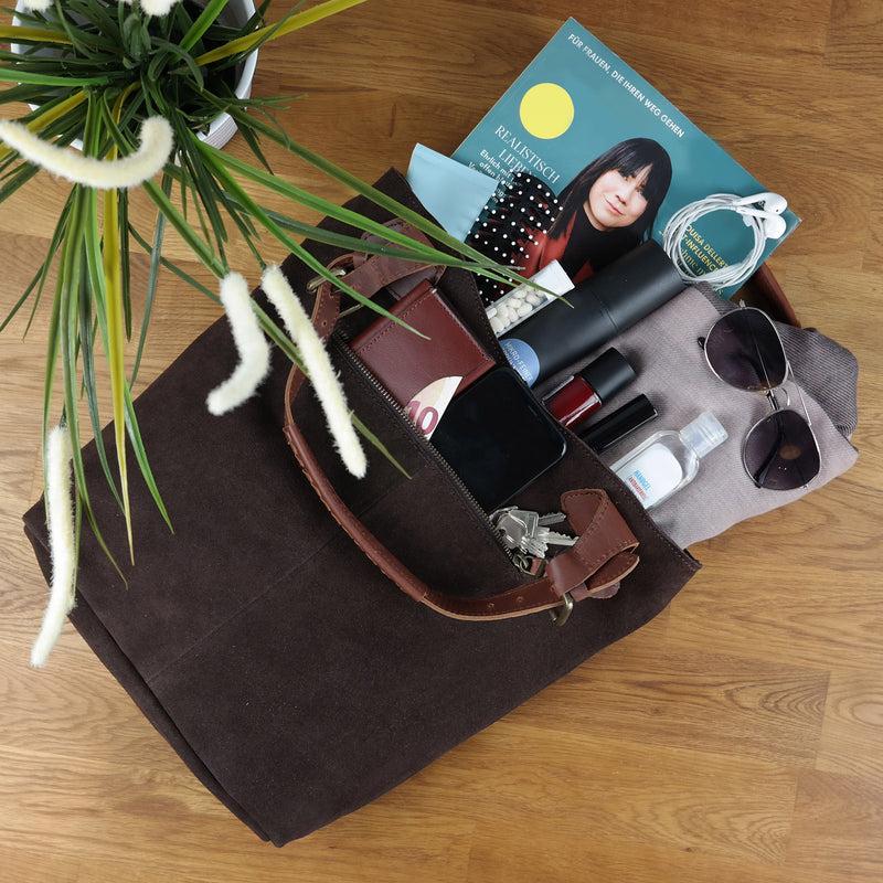 Leconi Henkeltasche Damentasche Veloursleder Leder dunkelbraun LE0033 Jubiläumsangebot