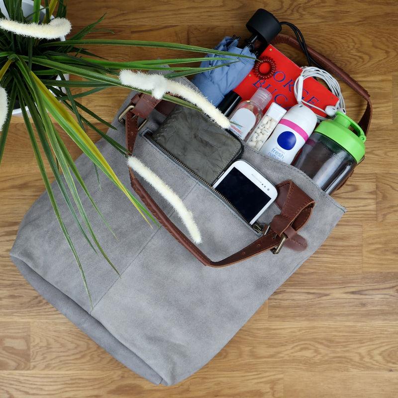 Leconi Henkeltasche Damentasche Veloursleder Leder grau LE0033 Lagerräumung