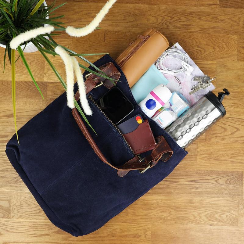 Leconi Henkeltasche Damentasche Veloursleder Leder navy LE0033 Heißer Verkauf