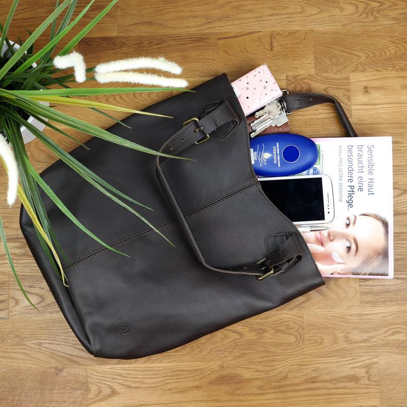 Leconi Henkeltasche Schultertasche Shopper Leder dunkelbraun LE0033 Online Outlet