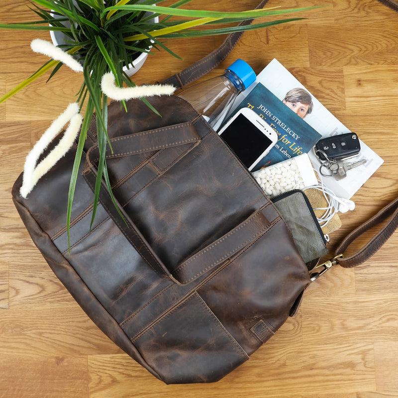 Leconi Shopper Schultertasche Henkeltasche Leder schlamm LE0034 Saisonale Angebote