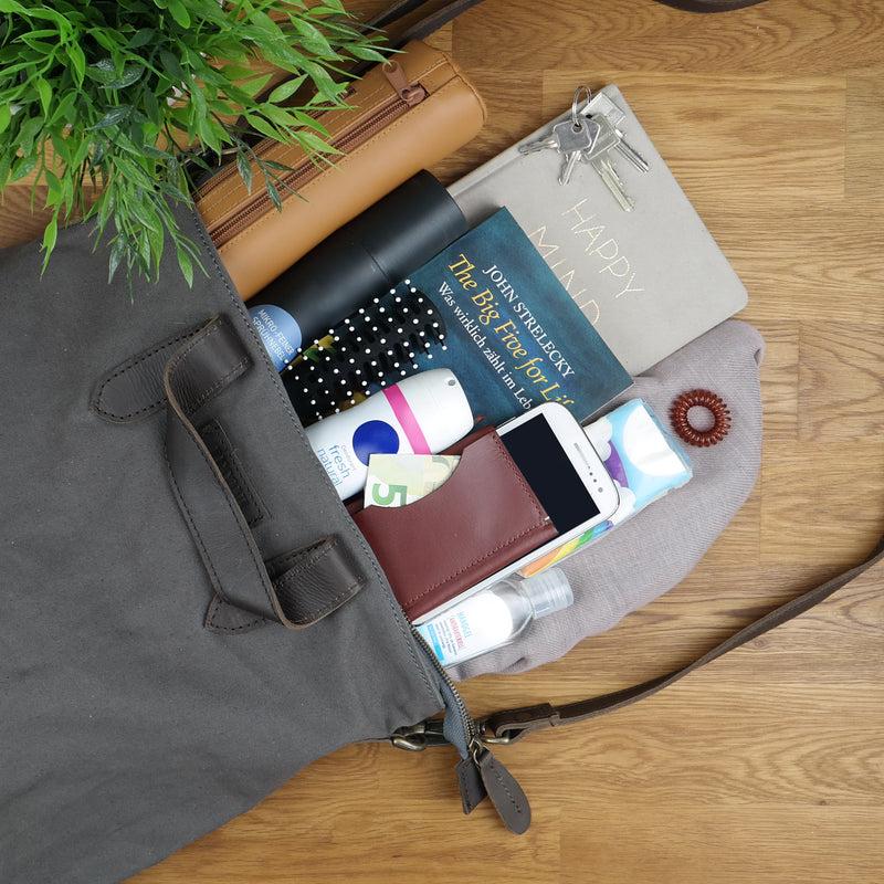 Leconi Shopper Henkeltasche Damen Canvas Leder grau LE0037 Kauf eins, bekomm eins gratis