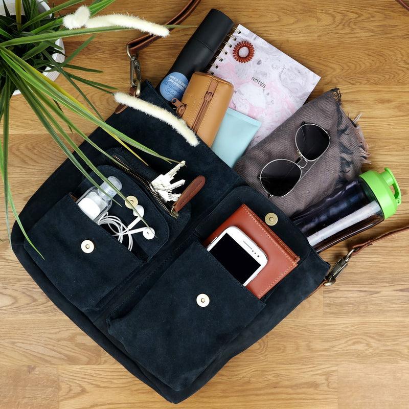 Leconi Schultertasche Umhängetasche Ledertasche Veloursleder anthrazit LE0039 Tiefpreis