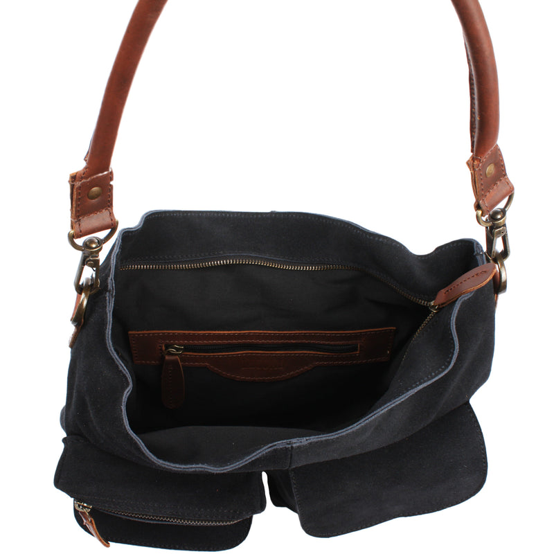 Leconi Schultertasche Umhängetasche Ledertasche Veloursleder anthrazit LE0039 Tiefpreis