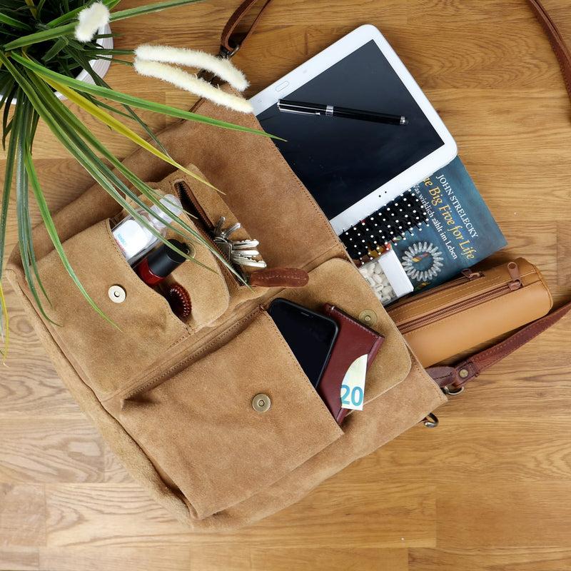 Leconi Schultertasche Umhängetasche Ledertasche Veloursleder cognac LE0039 Super Sparpreis