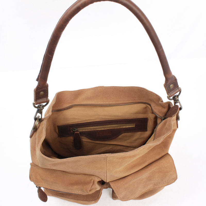 Leconi Schultertasche Umhängetasche Ledertasche Veloursleder cognac LE0039 Super Sparpreis