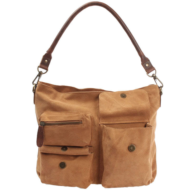Leconi Schultertasche Umhängetasche Ledertasche Veloursleder cognac LE0039 Super Sparpreis