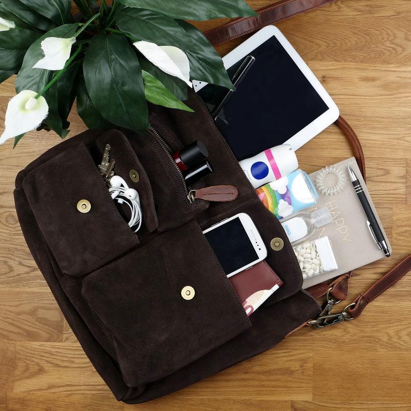 Leconi Schultertasche Umhängetasche Ledertasche Veloursleder dunkelbraun LE0039 Wochenangebot