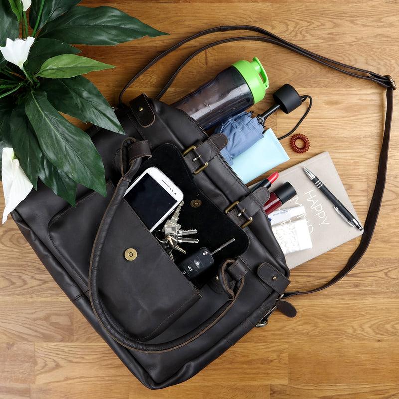 Leconi Schultertasche Henkeltasche Damentasche Handtasche Leder dunkelbraun LE0050 Super Rabatt