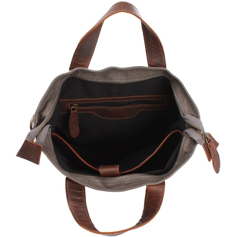 Leconi Shopper Henkeltasche Damen Canvas Leder braun grau LE0037 Fabrikladen