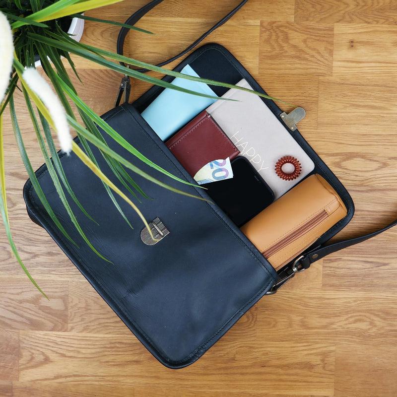 Leconi Schultertasche Umhängetasche Damen Leder gewachstes Rindsleder schwarz LE3044 Rabatte dieses Monats