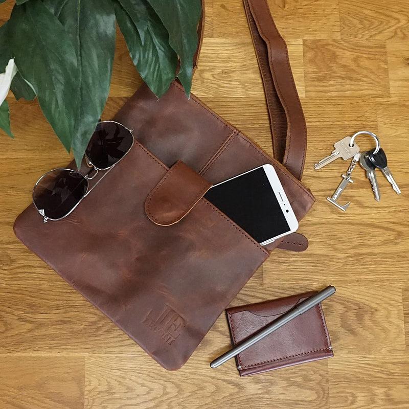 Leconi kleine Umhängetasche Damentasche Herrentasche Ledertasche braun LE3060 Günstiger Verkauf